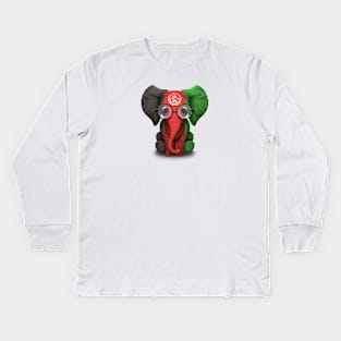 Baby Elephant with Glasses and Afghan Flag Kids Long Sleeve T-Shirt